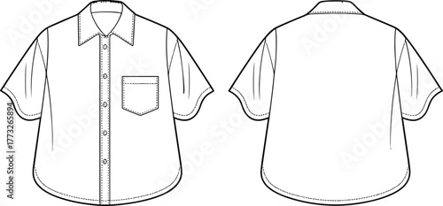 Short sleeve button up shirt fashion template, CAD garment drawing, flat vector illustration, chest pocket design, pointed collar sketch, casual clothing 