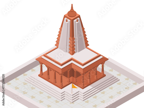 Hindu temple complex isometric, carved tower shrine, raised platform courtyard, pilgrimage site landmark, ancient architecture art, vector illustration