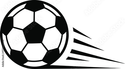 Black and white soccer ball with flames trailing behind it on a white background illustration
