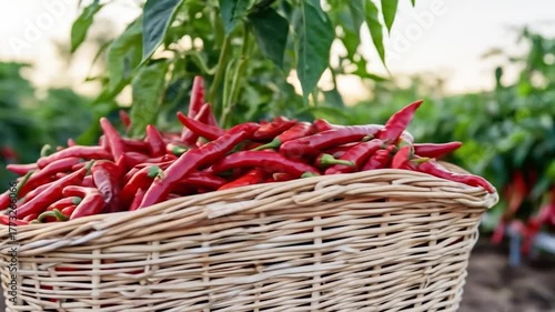 Freshly harvested red chili peppers in woven basket on farm field with green plants and warm sunlight