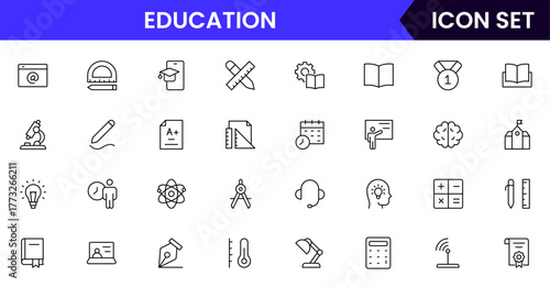 Education vector web line icon collection, sleek illustrations of books, diplomas, e-learning, knowledge for inspiring, academic designs.