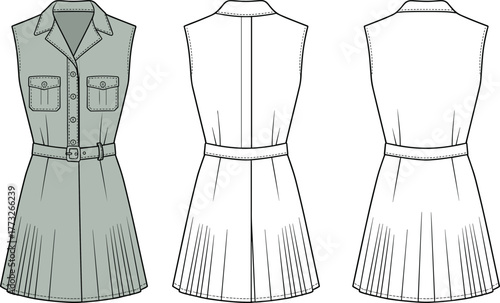 Sleeveless belted shirt dress fashion template, CAD garment drawing, flat vector illustration, pleated skirt design, collared bodice sketch, women’s clothing outline