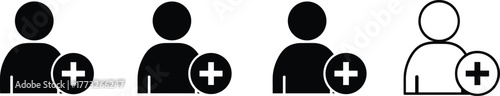 Add user icons, account creation symbols, person with plus sign, black and white design, vector illustration, digital interface element