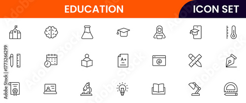 Education vector web line icon collection, sleek illustrations of books, diplomas, e-learning, knowledge for inspiring, academic designs.