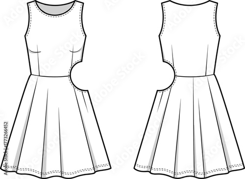 Sleeveless cut out waist dress fashion template, CAD garment drawing, flat vector illustration, pleated flared skirt design, fitted bodice sketch, outline