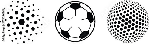 Hexagon pattern icons, soccer ball design, 3D sphere texture, geometric tiling, vector illustration, black and white, abstract structure