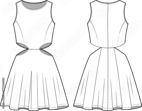 Sleeveless cut out waist dress fashion template, CAD garment drawing, flat vector illustration, flared skirt design, fitted bodice sketch, clothing outline
