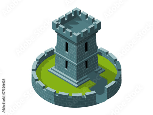 Stone turret on circular moat, blue fortress tower with battlements, grassy base, fantasy stronghold emblem, isometric medieval architecture