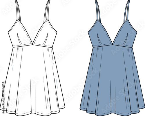 Sleeveless dress design, deep V‑neck fashion illustration, CAD garment template, flat vector drawing, pleated skirt style, fitted bodice