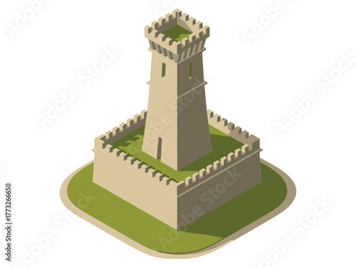 Castle keep tower, crenellated walls on raised platform, defensive stronghold icon, historical fortress element, isometric medieval architecture illustration