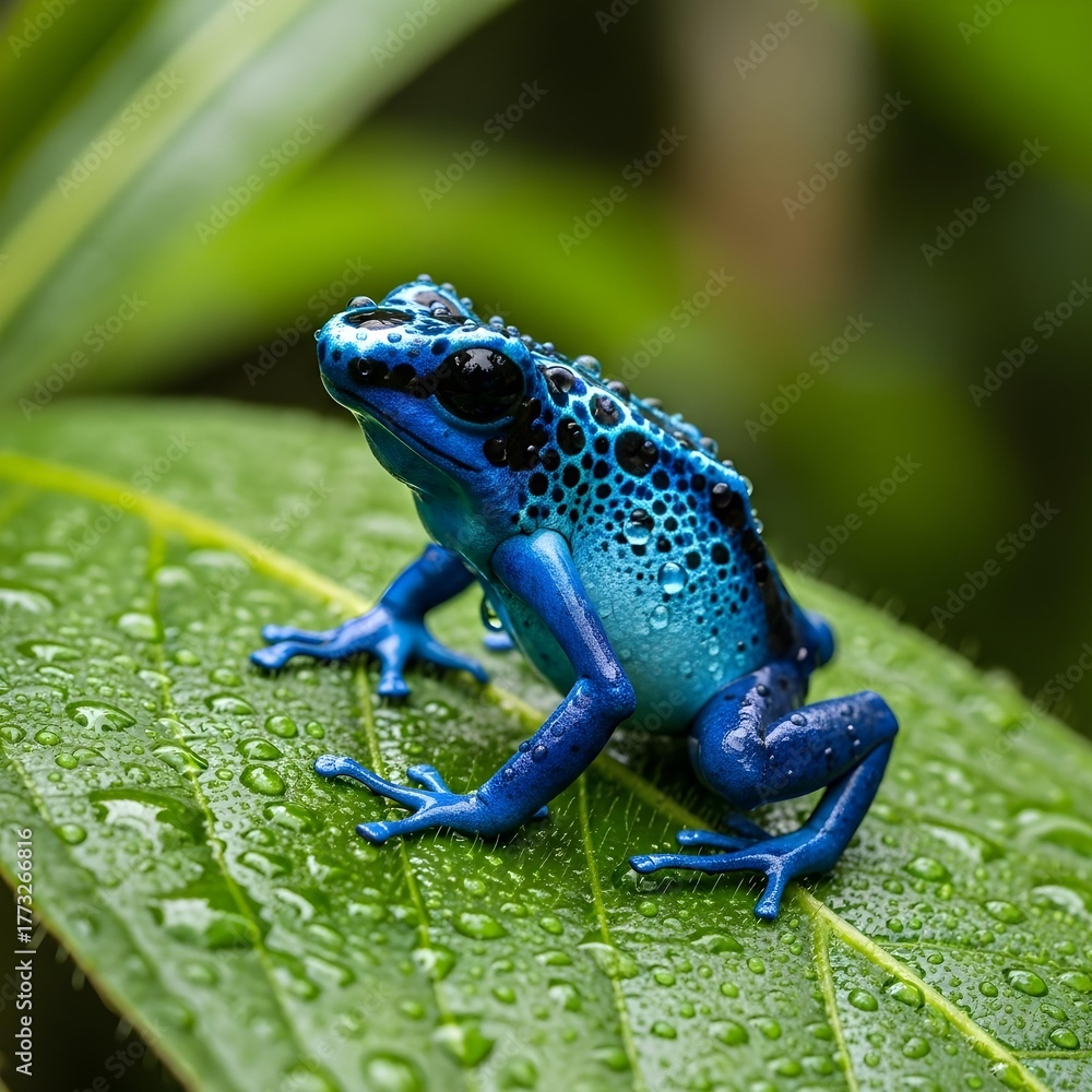 Obraz premium Blue frog on a leaf with drops of water