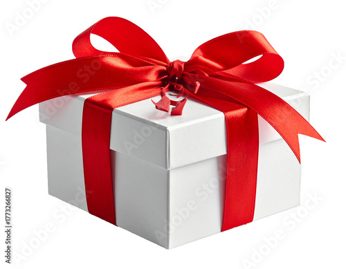 White Gift Box with Red Ribbon and Christmas Decoration Isolated on White Background