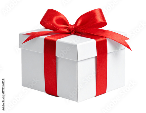 White Gift Box with Red Ribbon and Christmas Decoration Isolated on White Background