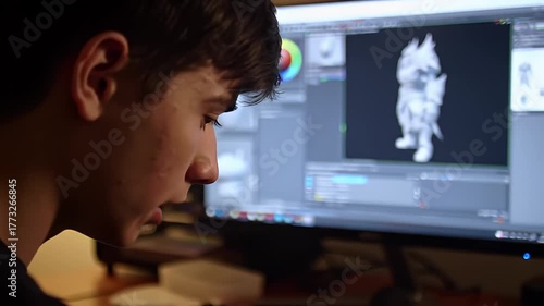 Young Male Artist Designing 3D Character Model on Computer Screen with Color Wheel and Sculpting Tools Visible in Software Interface