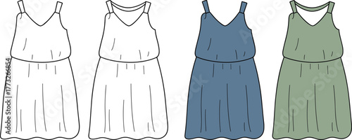 Sleeveless dress design, V‑neckline fashion illustration, CAD garment template, flat vector drawing, pleated skirt style, fitted bodice, color