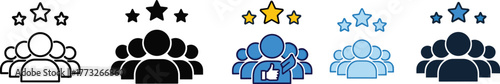 Team rating icons, group evaluation, customer feedback, performance review, star ranking, user endorsement, vector illustration, business recognition, blue black design