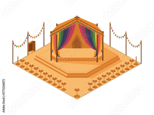 Curtained festival platform, entrance path with posts and ropes, decorative lamps, community celebration scene, isometric vector design