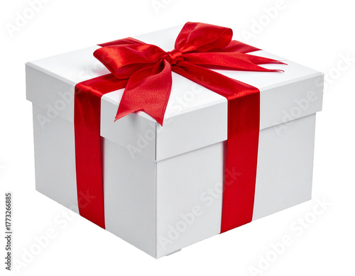White Gift Box with Red Ribbon and Christmas Decoration Isolated on White Background