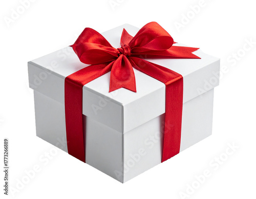 White Gift Box with Red Ribbon and Christmas Decoration Isolated on White Background
