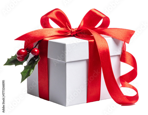 White Gift Box with Red Ribbon and Christmas Decoration Isolated on White Background