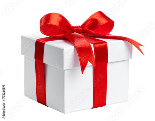 White Gift Box with Red Ribbon and Christmas Decoration Isolated on White Background