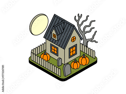 Isometric haunted cottage with pumpkins, spooky fence yard, glowing moonlight, autumn night atmosphere, halloween home vector illustration