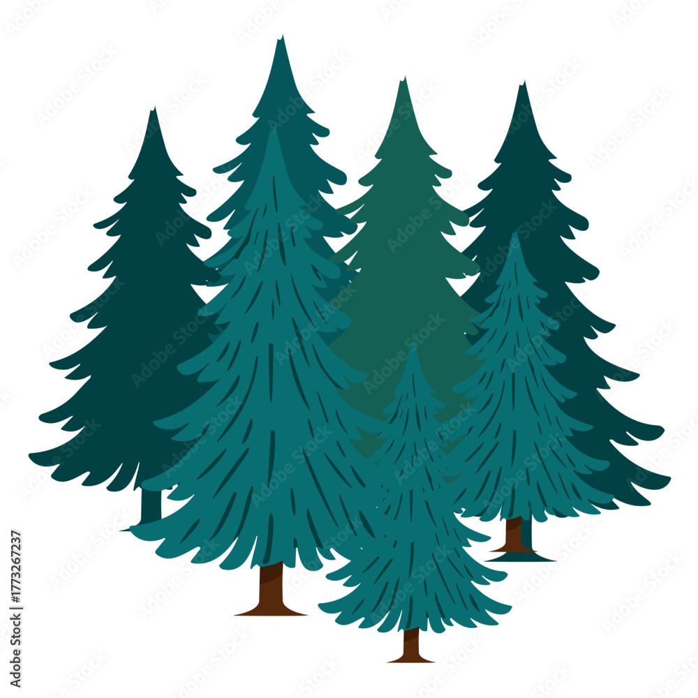 Obraz premium Winter holiday vector illustration set of green evergreen Christmas pine and fir trees in a snowy nature landscape