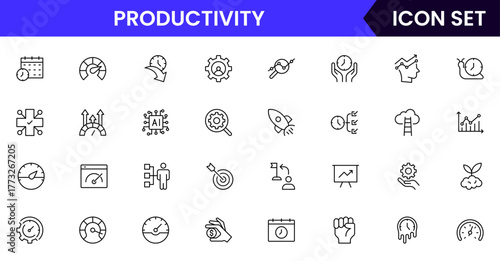 Productivity vector web line icon collection, sleek illustrations of tasks, clocks, calendars, efficiency tools for streamlined, effective designs.