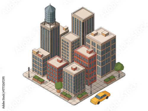 Isometric city block skyline, modern office towers, park trees, street layout base, urban downtown architecture, real estate vector