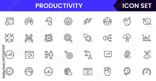 Productivity vector web line icon collection, sleek illustrations of tasks, clocks, calendars, efficiency tools for streamlined, effective designs.