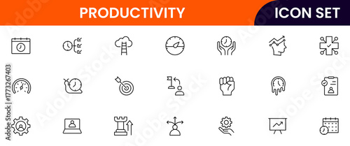 Productivity vector web line icon collection, sleek illustrations of tasks, clocks, calendars, efficiency tools for streamlined, effective designs.