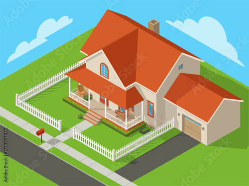 Large isometric family house, red tile roof with side garage, white fence, landscaped yard, real estate, vector artwork