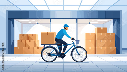 An illustration of a delivery person on a bicycle carrying a package inside a warehouse filled with stacked cardboard boxes, depicting logistics and e-commerce.