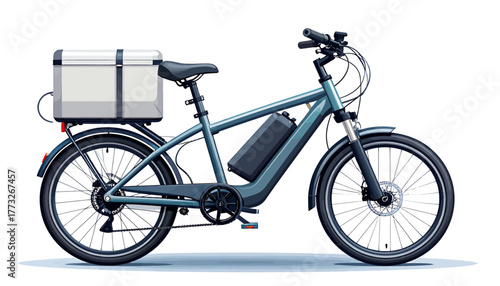 Modern electric cargo bicycle with a large delivery box on the rear rack, isolated on a white background, side view.