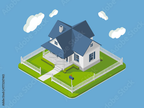 Isometric suburban house with yard, white picket fence, green lawn platform, blue roof home, residential real estate vector
