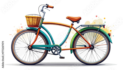 A vibrant, retro-style bicycle with a wicker basket and rear rack, painted in cheerful orange, teal, and green colors.