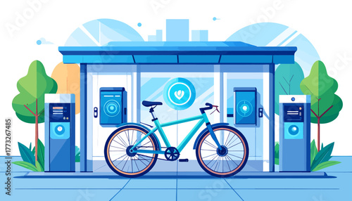 Illustration of a modern urban bicycle sharing or charging station with a bike parked in front, surrounded by trees and city elements.