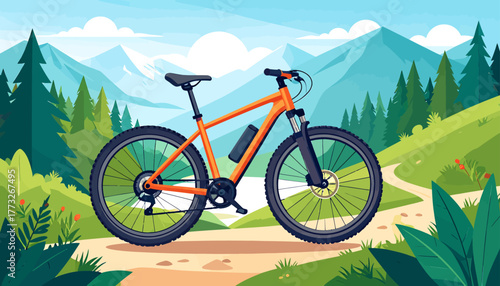 An orange electric mountain bike stands on a dirt trail with a scenic backdrop of green trees, rolling hills, and majestic mountains under a clear blue sky.