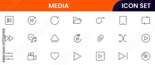 Media Vector web line icon collection, sleek illustrations of play, pause, volume, streaming for dynamic, multimedia designs.