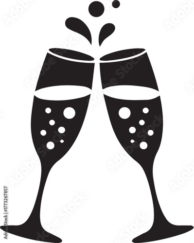 Two champagne flutes clinking together with bubbles and splash