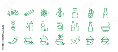 Set of icons featuring thin line spices, condiments, and herbs

