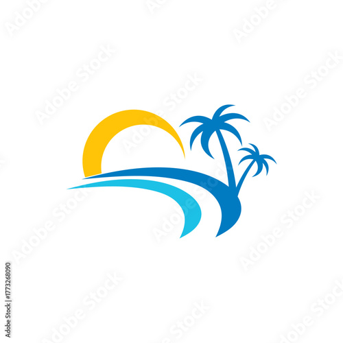 beach sunset and palm tree logo design icon symbol vector illustration.