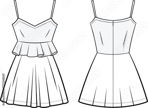 Sleeveless peplum dress fashion template, CAD garment drawing, flat vector illustration, sweetheart neckline design, pleated skirt sketch, fitted bodice outline
