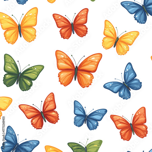 Seamless pattern of colorful flying butterflies. Summer insect vector on white background   , vector style simple color