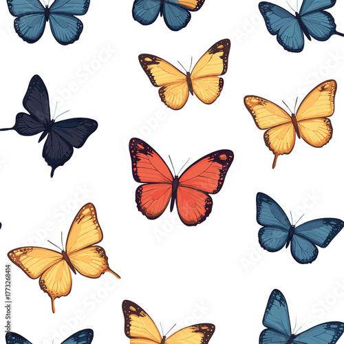 Seamless pattern of colorful flying butterflies. Summer insect vector on white background   , vector style simple color