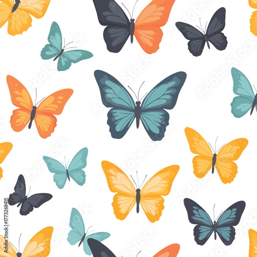 Seamless pattern of colorful flying butterflies. Summer insect vector on white background   , vector style simple color