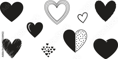 Doodle hearts sketch set. Various different hand drawn heart icon love collection isolated on white background. black heart symbol for Valentines Day