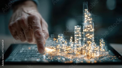 Futuristic Cityscape Design with Hand Gesture Interacting with Digital Building Model and Urban Architecture Concept Visualization