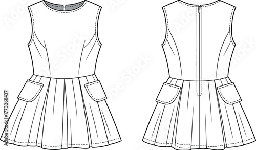 Sleeveless pocket dress fashion template, CAD garment drawing, flat vector illustration, pleated skirt design, fitted bodice sketch, round neckline outline