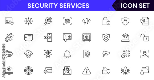 Security vector web line icon collection, sleek illustrations of locks, shields, cameras, cybersecurity for safe, protected digital designs.